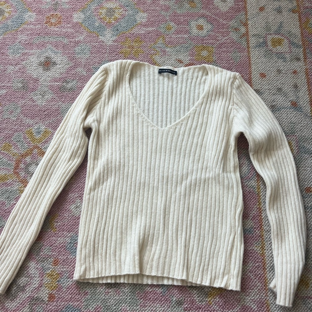 Cream Ribbed V-Neck Sweater from Brandy Melville